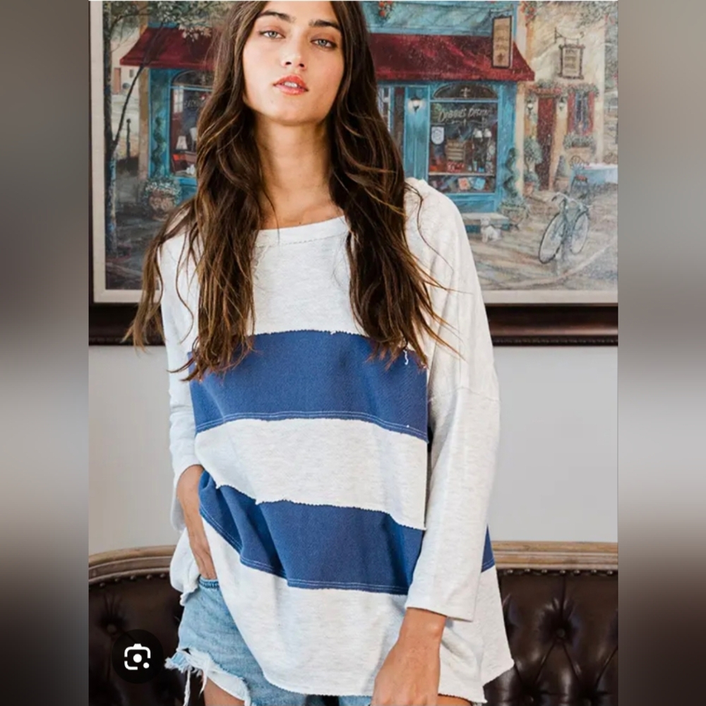 Bucket List Contrast Color-block Oversized Terry Sweater Top - Size Small